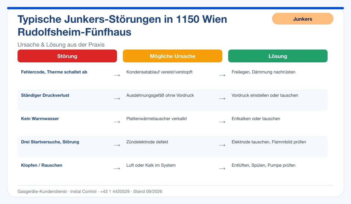 Infografik Junkers Thermenreparatur 1150 Wien Rudolfsheim-Fünfhaus: typische Störungen, Ursachen und Lösungen