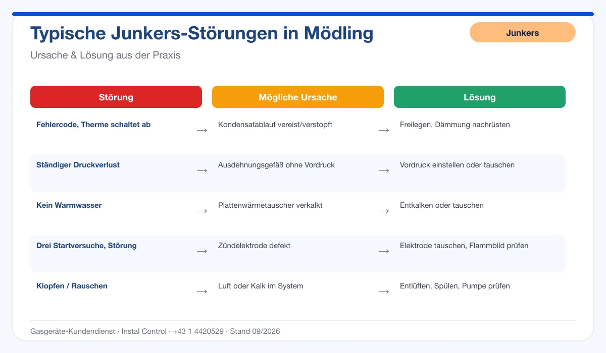 Infografik Junkers Thermenreparatur Mödling: typische Störungen, Ursachen und Lösungen