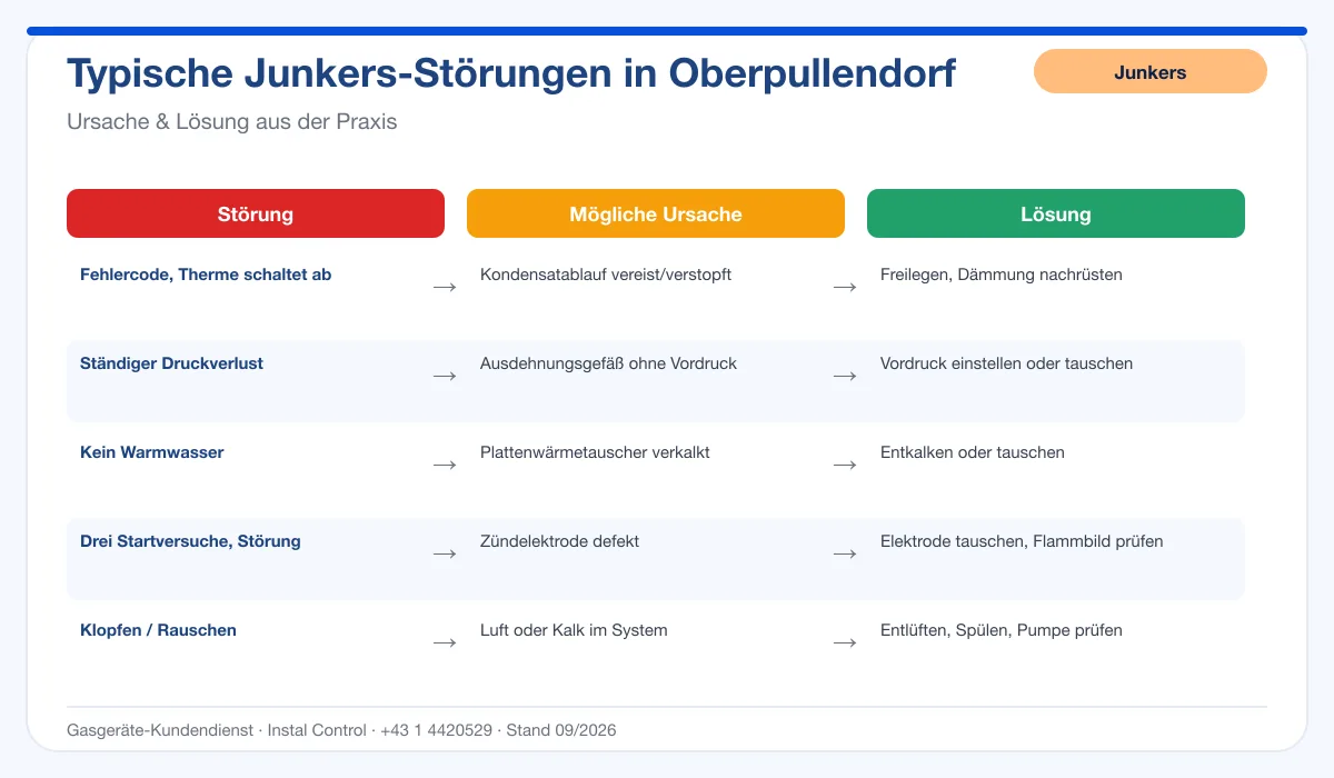 Infografik Junkers Thermenreparatur Oberpullendorf: typische Störungen, Ursachen und Lösungen