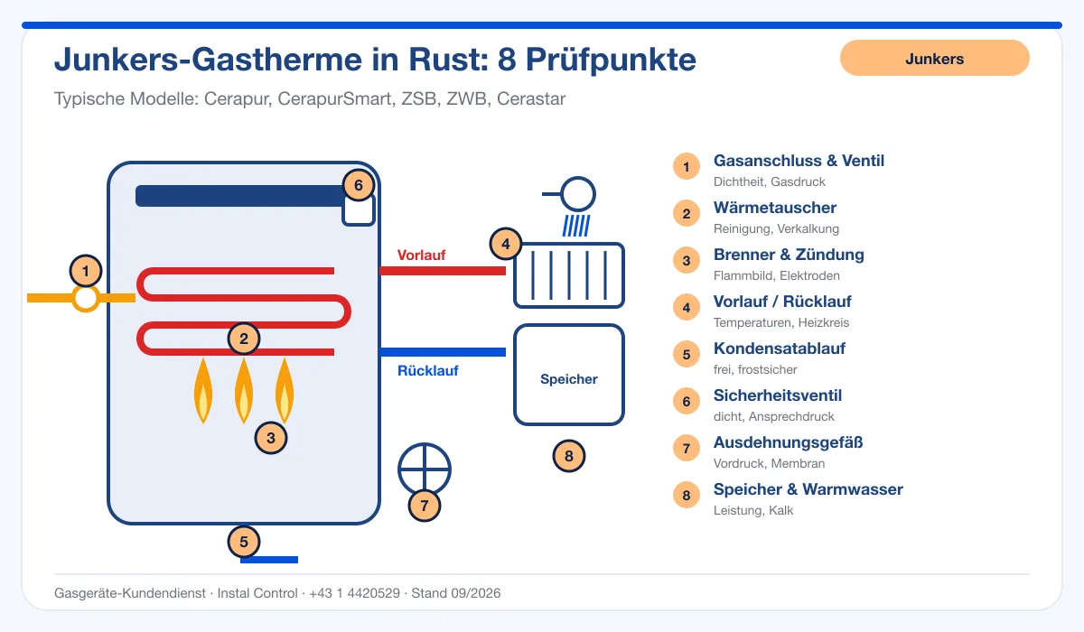 Infografik Junkers Thermenreparatur Rust: Aufbau einer Junkers-Gastherme mit 8 Prüfpunkten