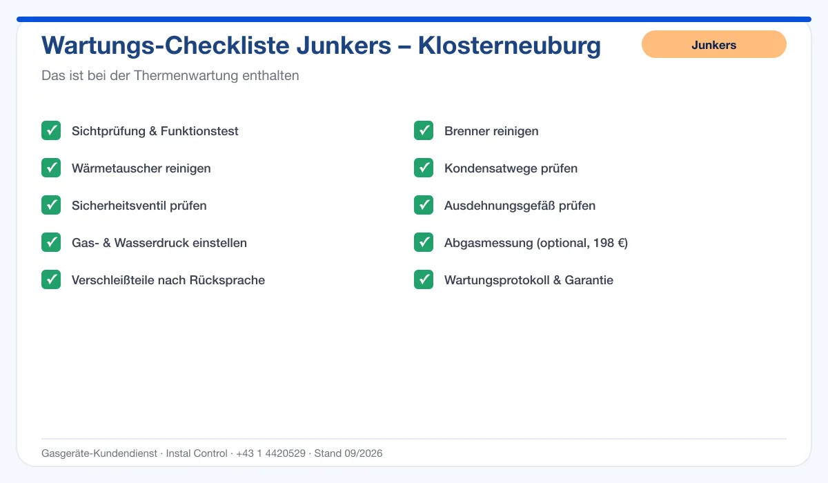 Infografik Junkers Thermenwartung Klosterneuburg: Wartungs-Checkliste mit 10 enthaltenen Leistungen