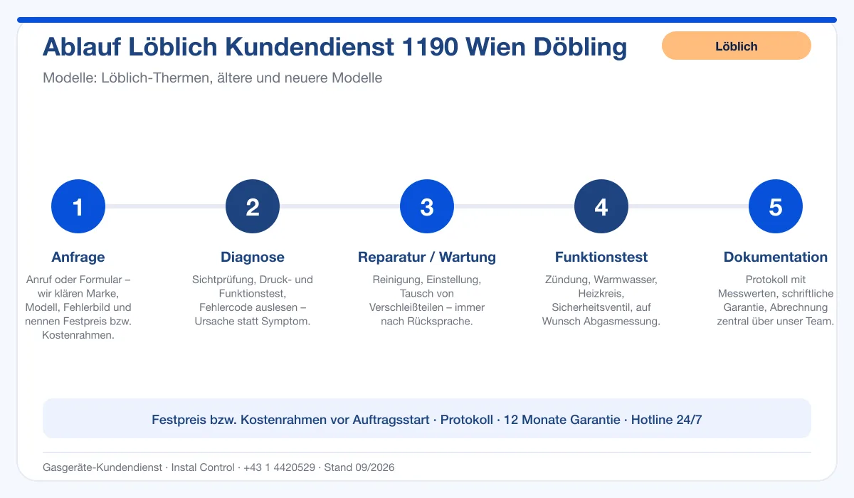 Infografik Ablauf Löblich Kundendienst 1190 Wien Döbling: Anfrage, Diagnose, Service, Funktionstest, Protokoll