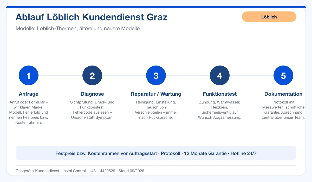 Infografik Ablauf Löblich Kundendienst Graz: Anfrage, Diagnose, Service, Funktionstest, Protokoll