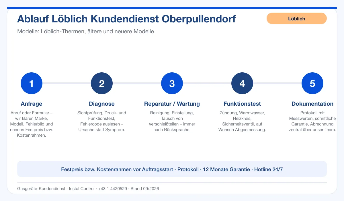 Infografik Ablauf Löblich Kundendienst Oberpullendorf: Anfrage, Diagnose, Service, Funktionstest, Protokoll