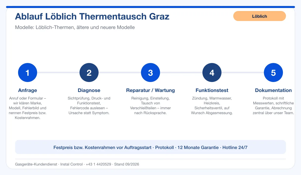 Infografik Ablauf Löblich Thermentausch Graz: Anfrage, Diagnose, Service, Funktionstest, Protokoll