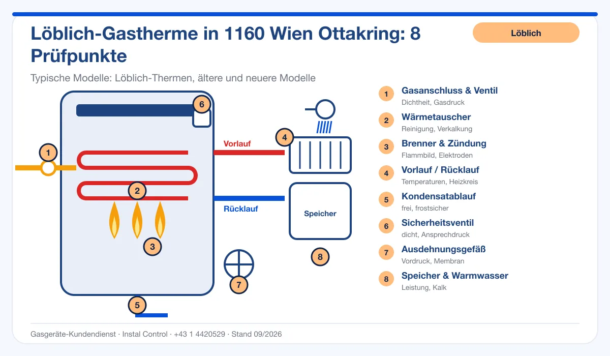 Infografik Löblich Thermenwartung 1160 Wien Ottakring: Aufbau einer Löblich-Gastherme mit 8 Prüfpunkten