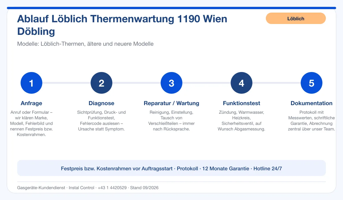 Infografik Ablauf Löblich Thermenwartung 1190 Wien Döbling: Anfrage, Diagnose, Service, Funktionstest, Protokoll