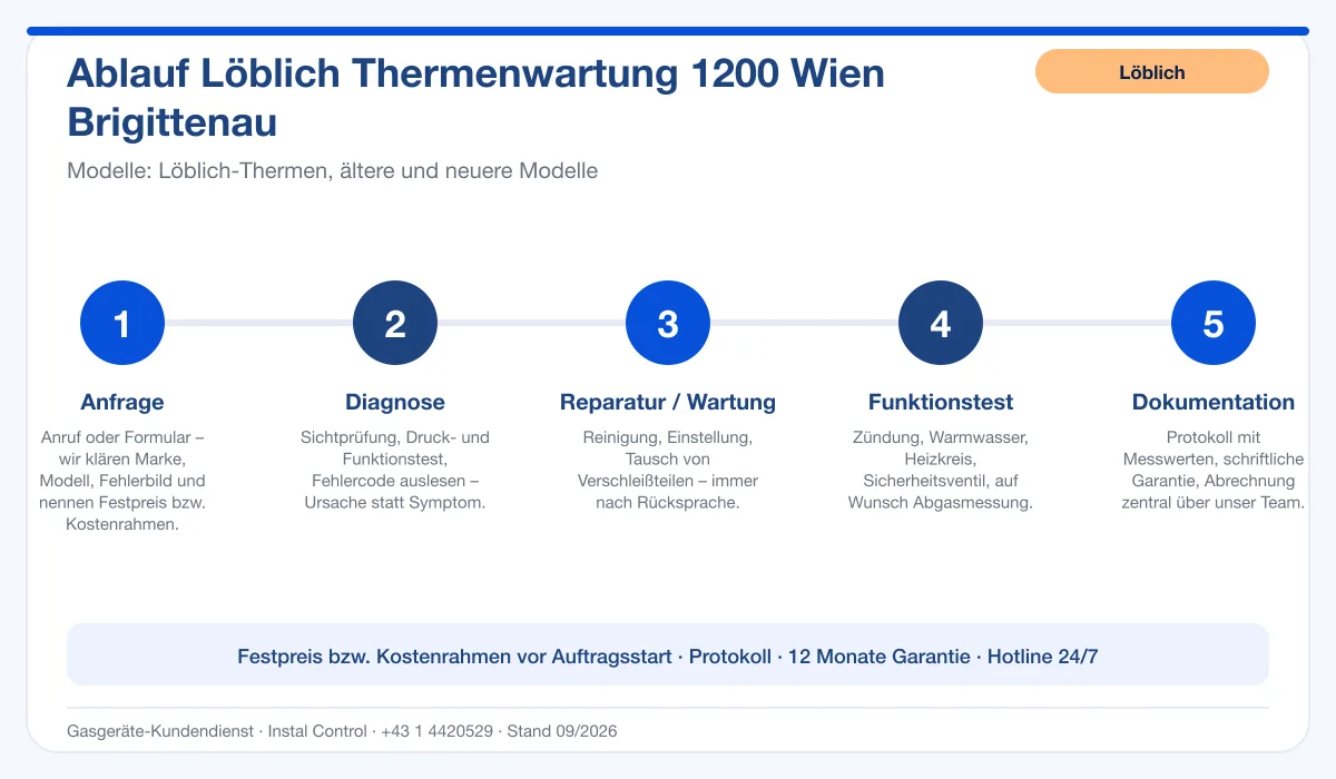 Infografik Ablauf Löblich Thermenwartung 1200 Wien Brigittenau: Anfrage, Diagnose, Service, Funktionstest, Protokoll