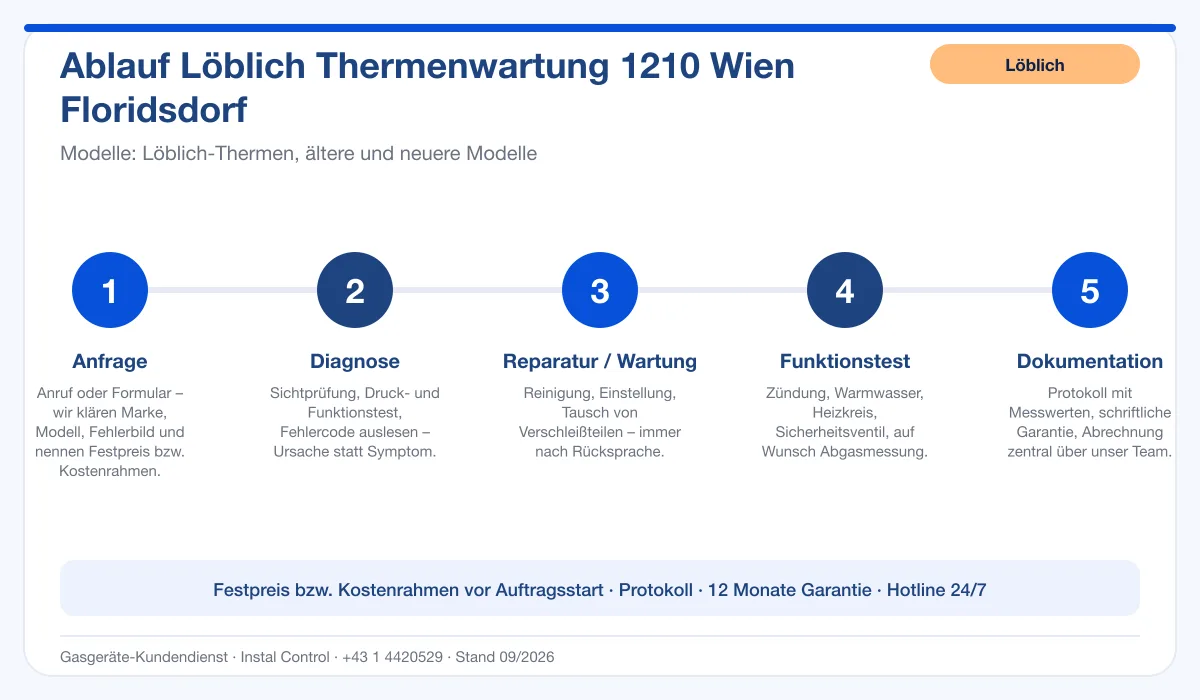Infografik Ablauf Löblich Thermenwartung 1210 Wien Floridsdorf: Anfrage, Diagnose, Service, Funktionstest, Protokoll