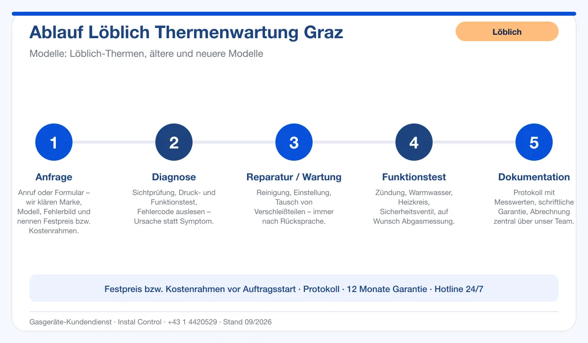 Infografik Ablauf Löblich Thermenwartung Graz: Anfrage, Diagnose, Service, Funktionstest, Protokoll