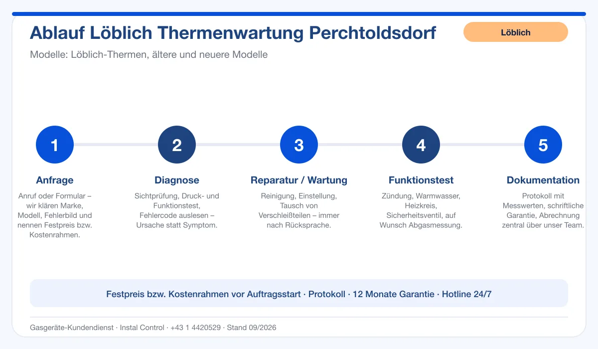 Infografik Ablauf Löblich Thermenwartung Perchtoldsdorf: Anfrage, Diagnose, Service, Funktionstest, Protokoll