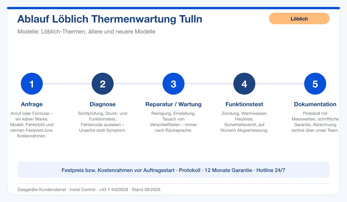 Infografik Ablauf Löblich Thermenwartung Tulln: Anfrage, Diagnose, Service, Funktionstest, Protokoll