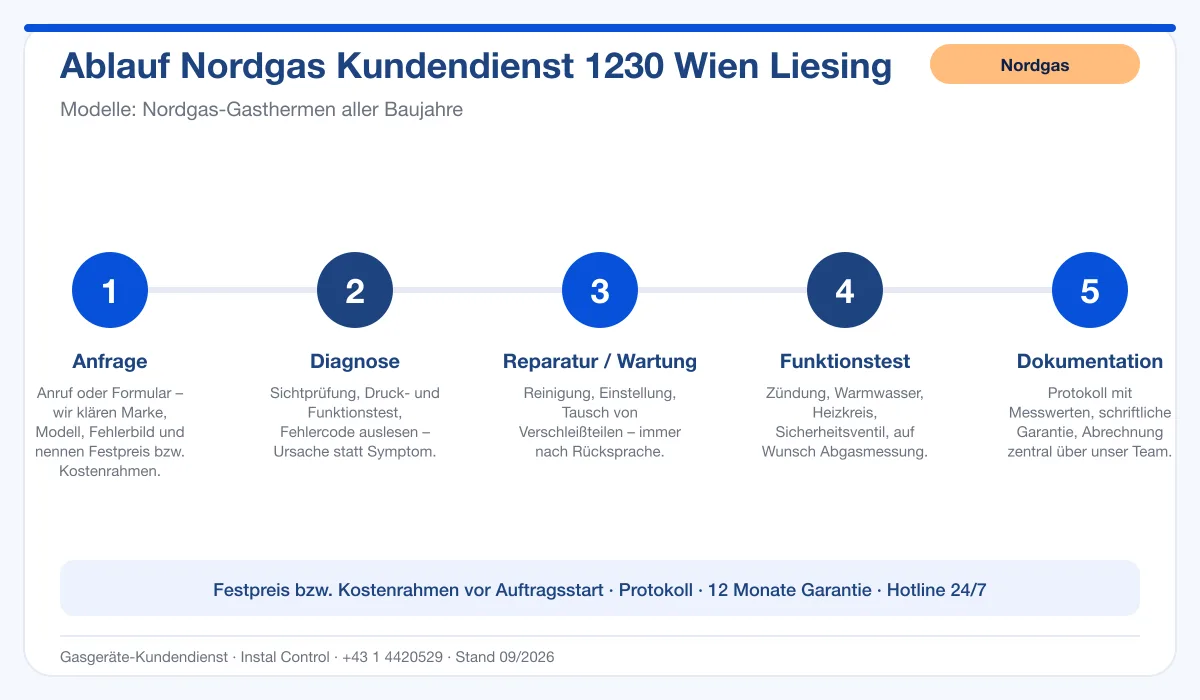 Infografik Ablauf Nordgas Kundendienst 1230 Wien Liesing: Anfrage, Diagnose, Service, Funktionstest, Protokoll