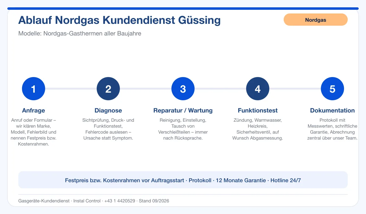 Infografik Ablauf Nordgas Kundendienst Güssing: Anfrage, Diagnose, Service, Funktionstest, Protokoll