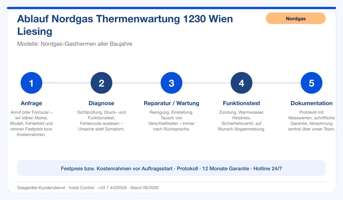 Infografik Ablauf Nordgas Thermenwartung 1230 Wien Liesing: Anfrage, Diagnose, Service, Funktionstest, Protokoll