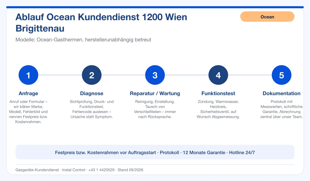 Infografik Ablauf Ocean Kundendienst 1200 Wien Brigittenau: Anfrage, Diagnose, Service, Funktionstest, Protokoll