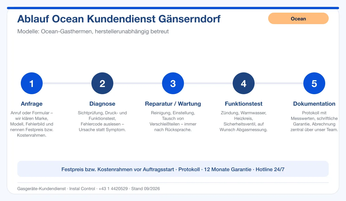 Infografik Ablauf Ocean Kundendienst Gänserndorf: Anfrage, Diagnose, Service, Funktionstest, Protokoll