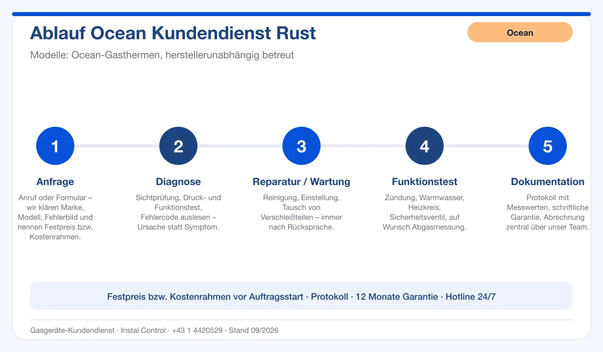 Infografik Ablauf Ocean Kundendienst Rust: Anfrage, Diagnose, Service, Funktionstest, Protokoll