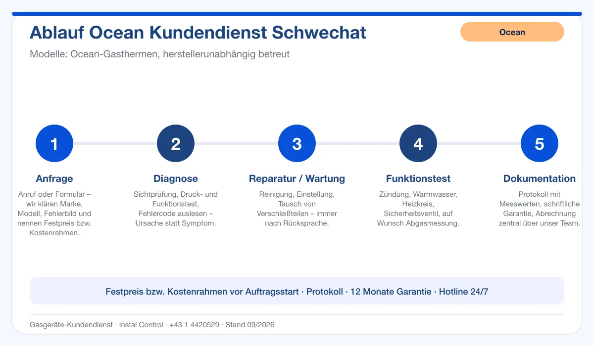 Infografik Ablauf Ocean Kundendienst Schwechat: Anfrage, Diagnose, Service, Funktionstest, Protokoll