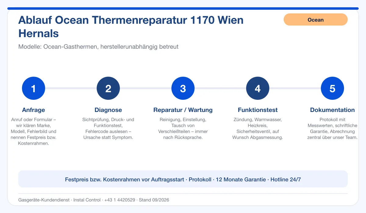 Infografik Ablauf Ocean Thermenreparatur 1170 Wien Hernals: Anfrage, Diagnose, Service, Funktionstest, Protokoll