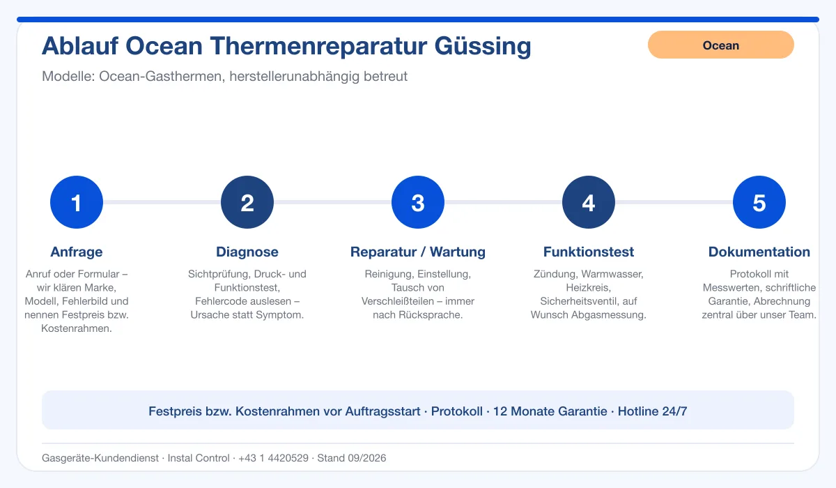 Infografik Ablauf Ocean Thermenreparatur Güssing: Anfrage, Diagnose, Service, Funktionstest, Protokoll