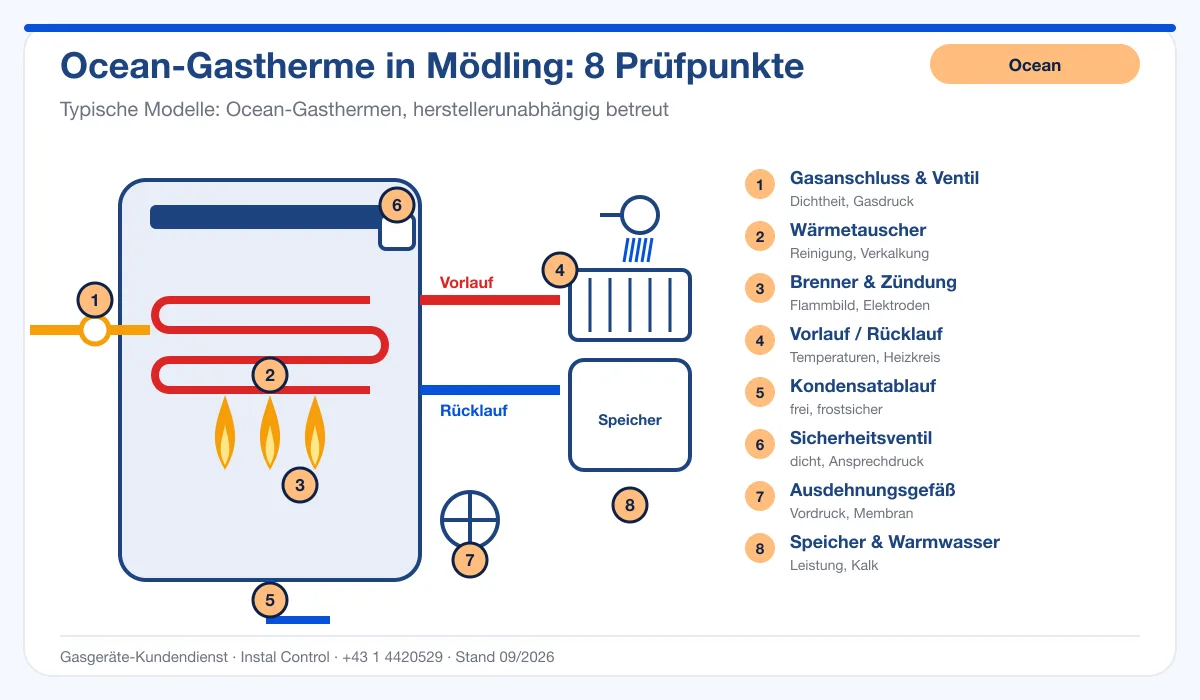 Infografik Ocean Thermenreparatur Mödling: Aufbau einer Ocean-Gastherme mit 8 Prüfpunkten