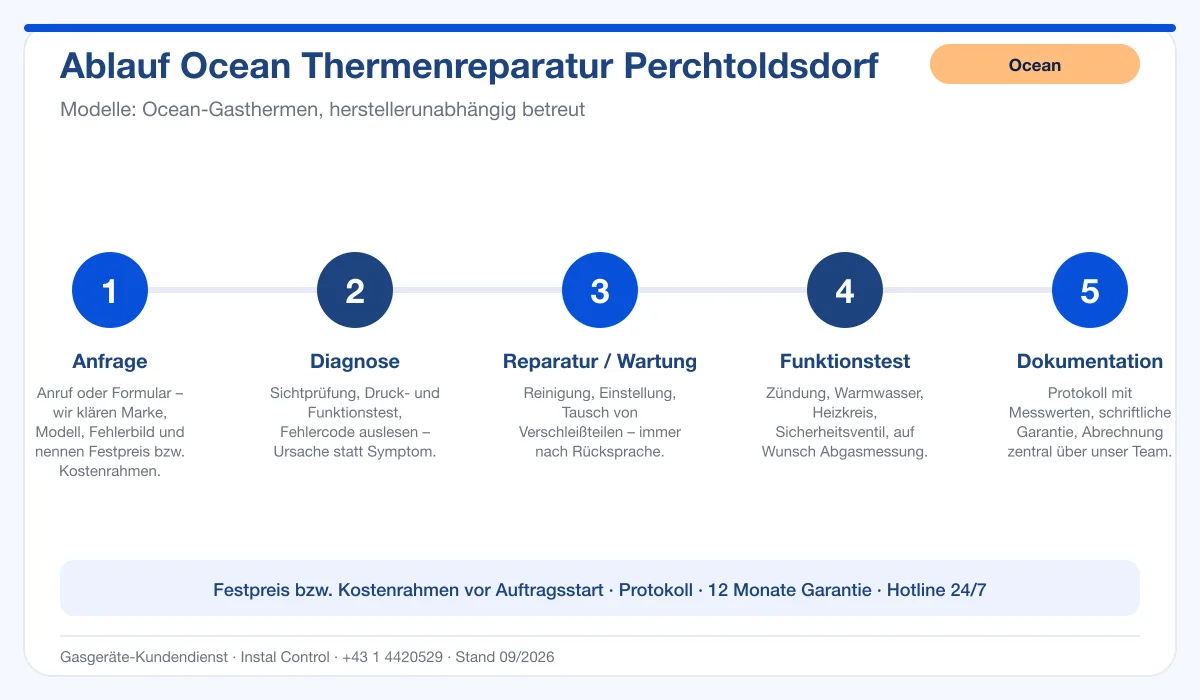Infografik Ablauf Ocean Thermenreparatur Perchtoldsdorf: Anfrage, Diagnose, Service, Funktionstest, Protokoll