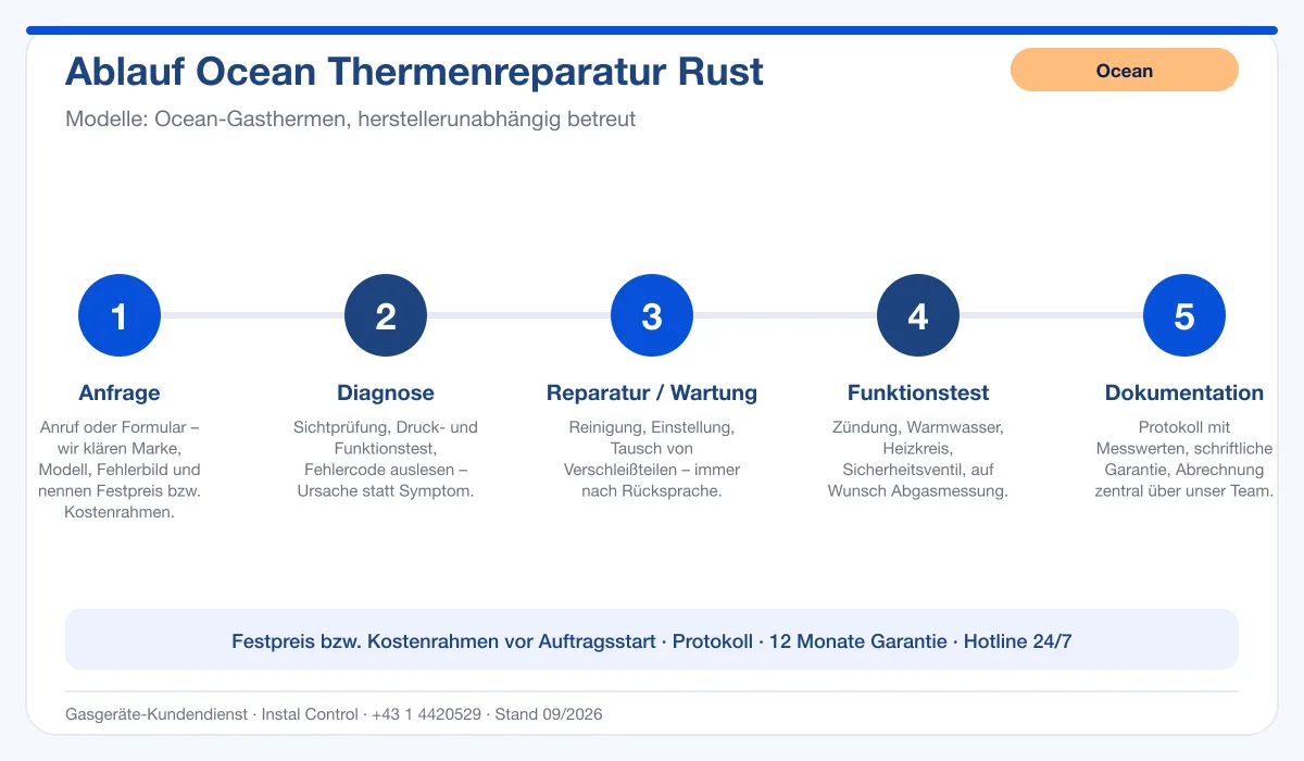 Infografik Ablauf Ocean Thermenreparatur Rust: Anfrage, Diagnose, Service, Funktionstest, Protokoll