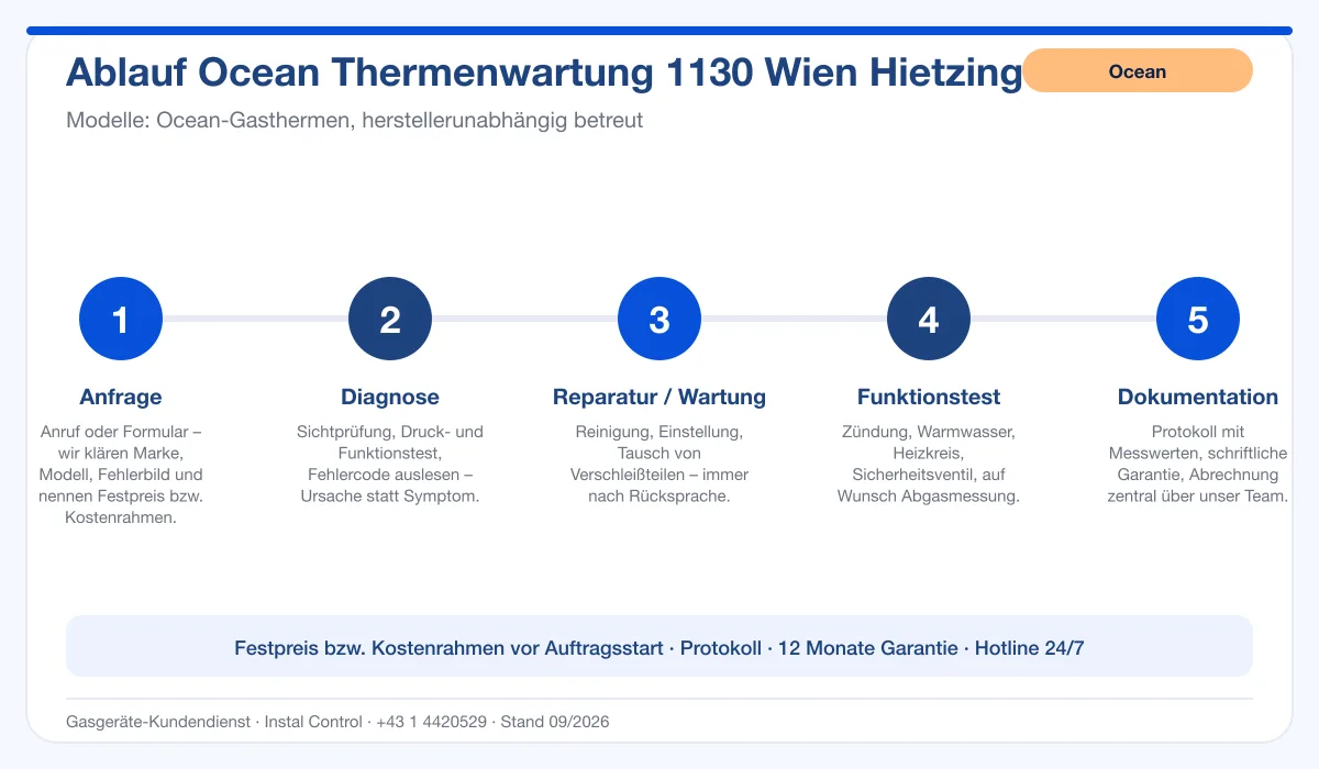Infografik Ablauf Ocean Thermenwartung 1130 Wien Hietzing: Anfrage, Diagnose, Service, Funktionstest, Protokoll