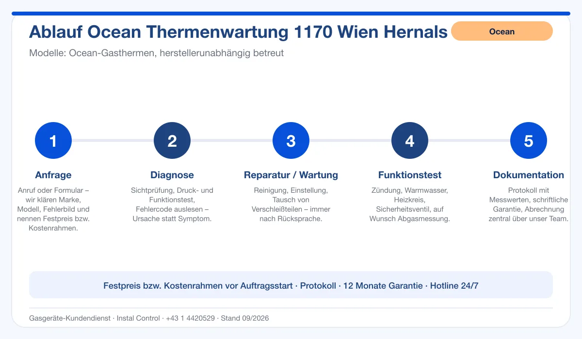Infografik Ablauf Ocean Thermenwartung 1170 Wien Hernals: Anfrage, Diagnose, Service, Funktionstest, Protokoll