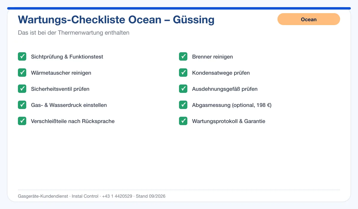 Infografik Ocean Thermenwartung Güssing: Wartungs-Checkliste mit 10 enthaltenen Leistungen