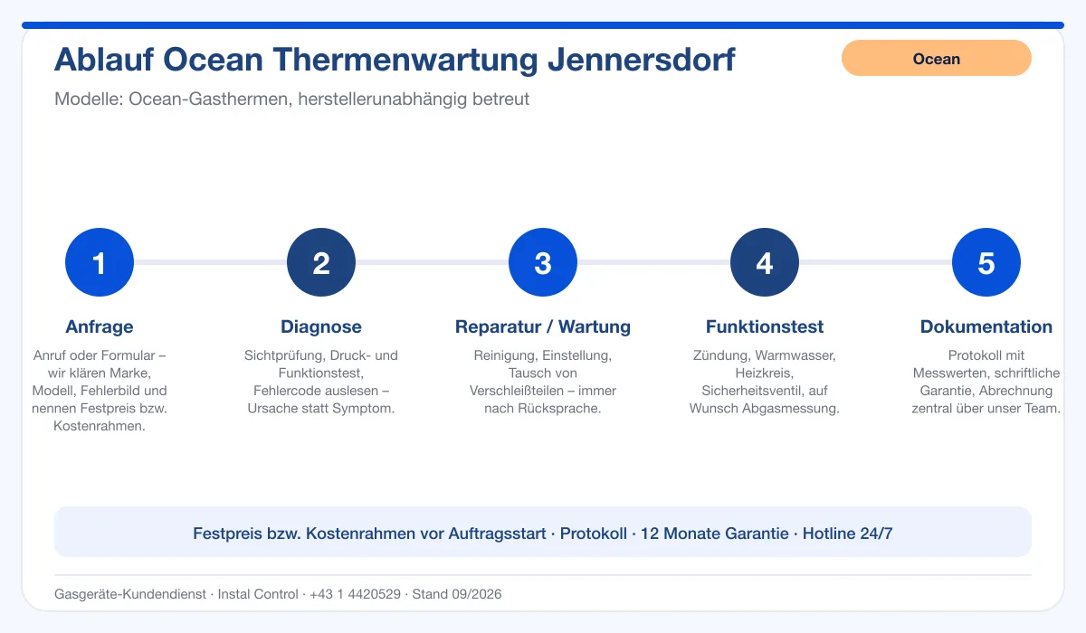 Infografik Ablauf Ocean Thermenwartung Jennersdorf: Anfrage, Diagnose, Service, Funktionstest, Protokoll