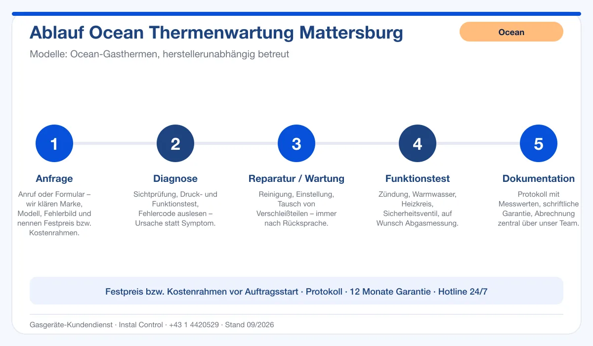 Infografik Ablauf Ocean Thermenwartung Mattersburg: Anfrage, Diagnose, Service, Funktionstest, Protokoll