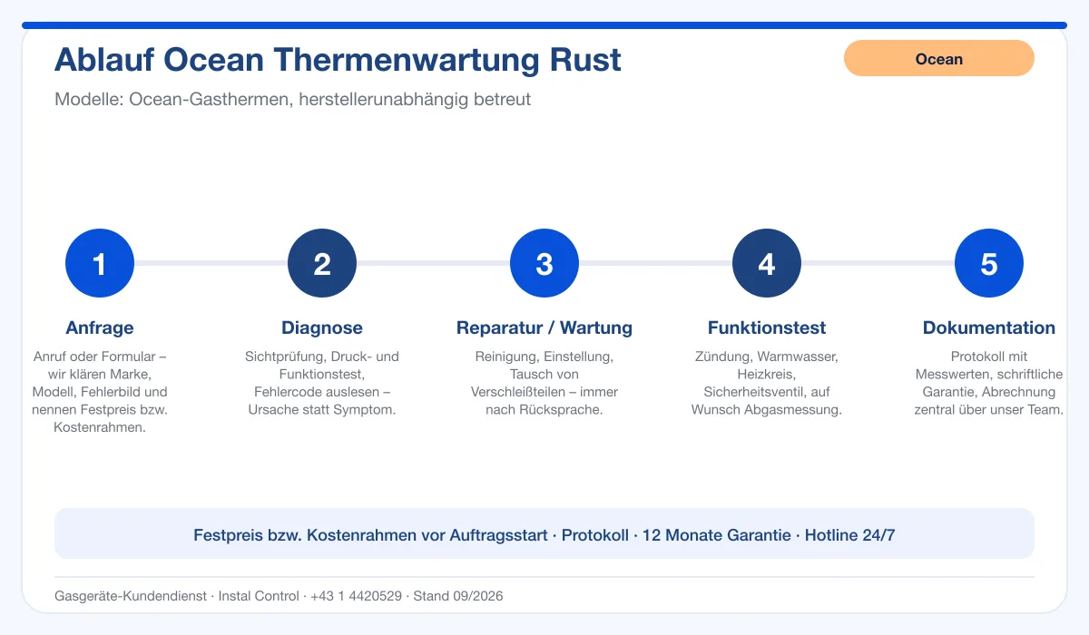 Infografik Ablauf Ocean Thermenwartung Rust: Anfrage, Diagnose, Service, Funktionstest, Protokoll