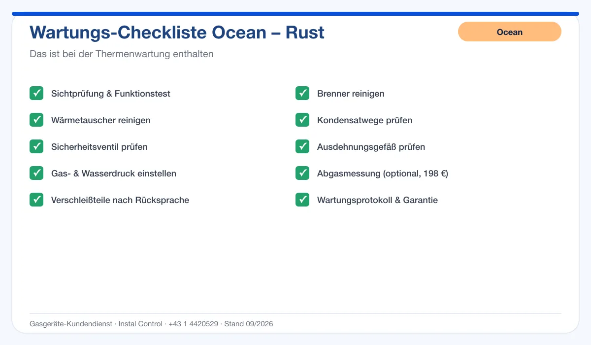 Infografik Ocean Thermenwartung Rust: Wartungs-Checkliste mit 10 enthaltenen Leistungen