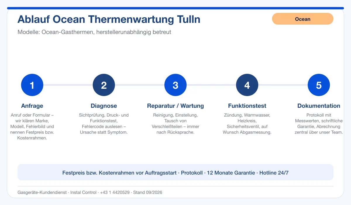 Infografik Ablauf Ocean Thermenwartung Tulln: Anfrage, Diagnose, Service, Funktionstest, Protokoll