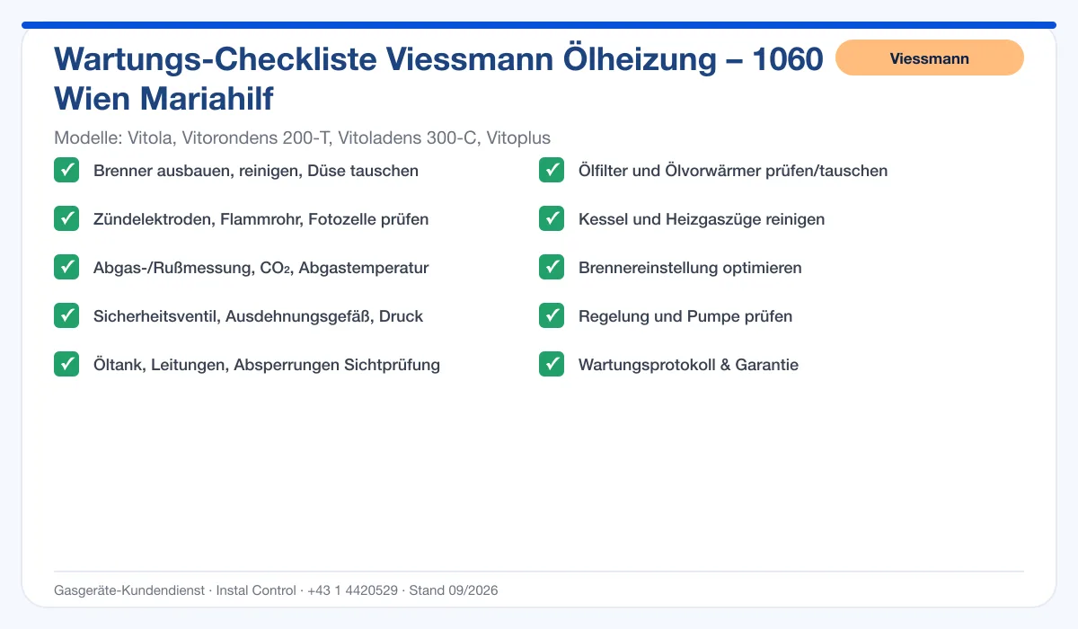 Infografik Viessmann Ölheizung 1060 Wien Mariahilf: Wartungs-Checkliste
