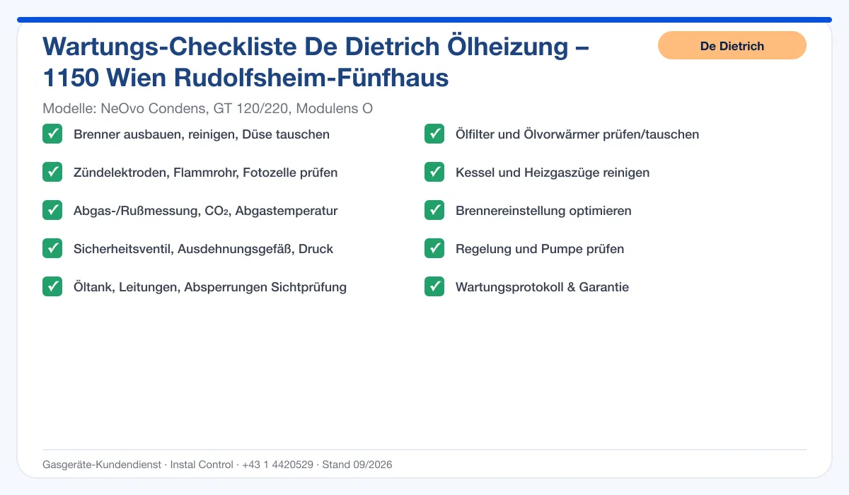 Infografik De Dietrich Ölheizung 1150 Wien Rudolfsheim-Fünfhaus: Wartungs-Checkliste