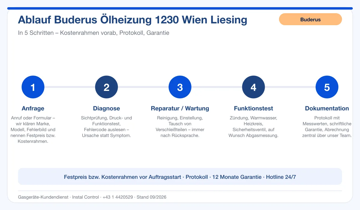 Infografik Ablauf Buderus Ölheizung 1230 Wien Liesing: Anfrage, Diagnose, Service, Funktionstest, Protokoll