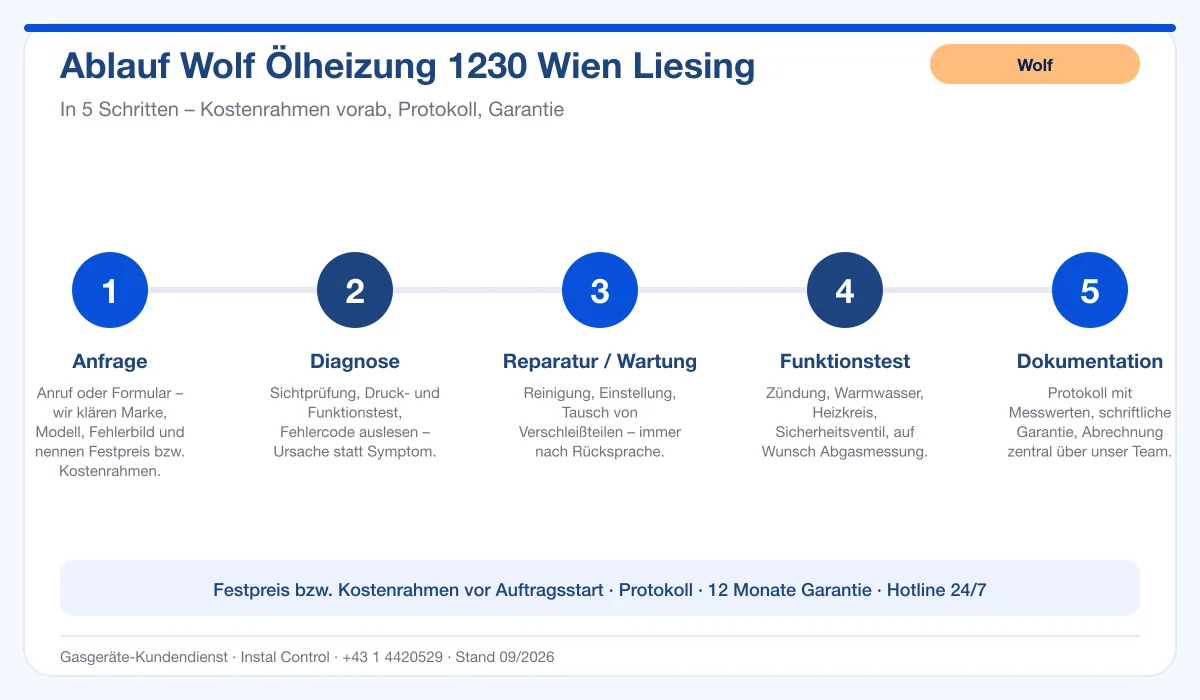 Infografik Ablauf Wolf Ölheizung 1230 Wien Liesing: Anfrage, Diagnose, Service, Funktionstest, Protokoll