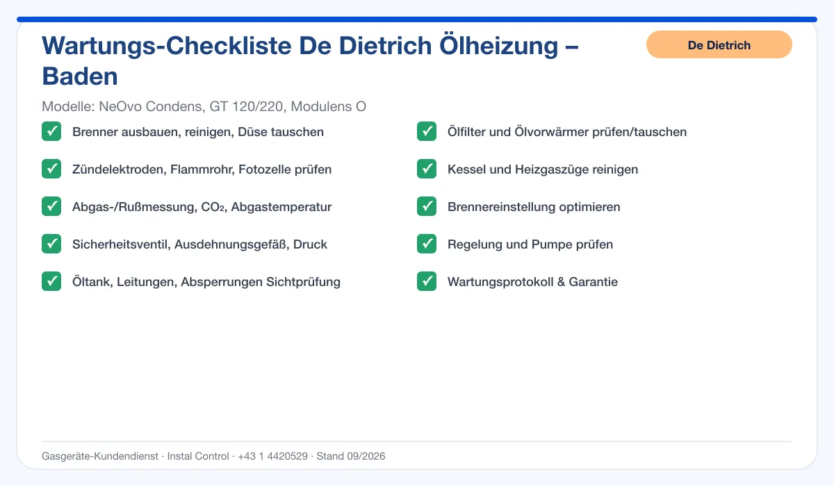 Infografik De Dietrich Ölheizung Baden: Wartungs-Checkliste