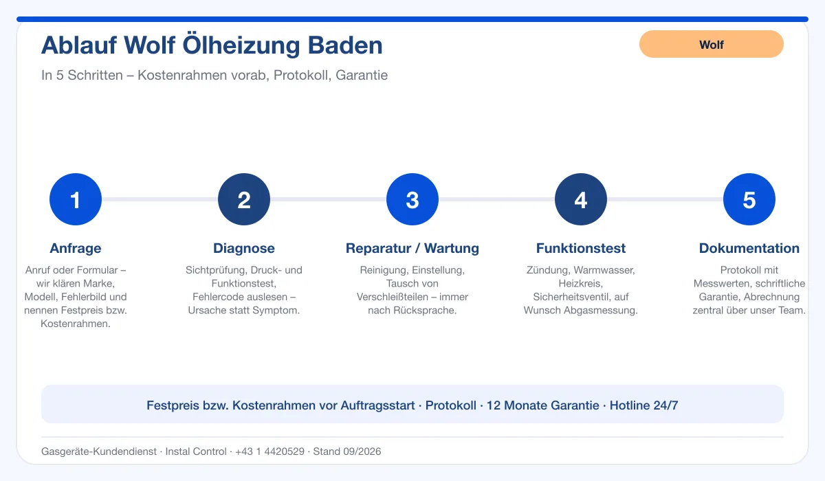 Infografik Ablauf Wolf Ölheizung Baden: Anfrage, Diagnose, Service, Funktionstest, Protokoll
