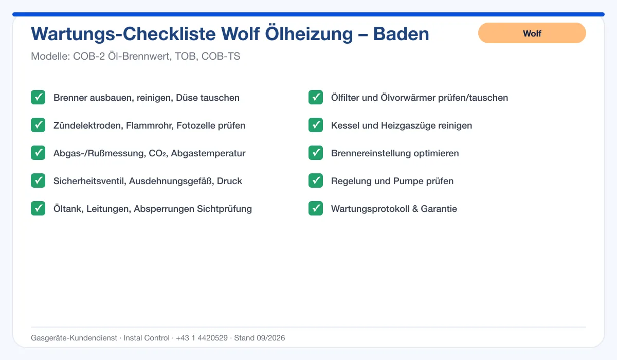 Infografik Wolf Ölheizung Baden: Wartungs-Checkliste