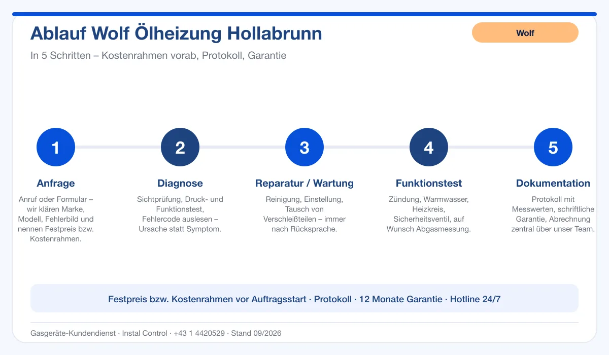Infografik Ablauf Wolf Ölheizung Hollabrunn: Anfrage, Diagnose, Service, Funktionstest, Protokoll