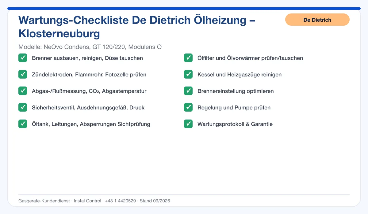 Infografik De Dietrich Ölheizung Klosterneuburg: Wartungs-Checkliste