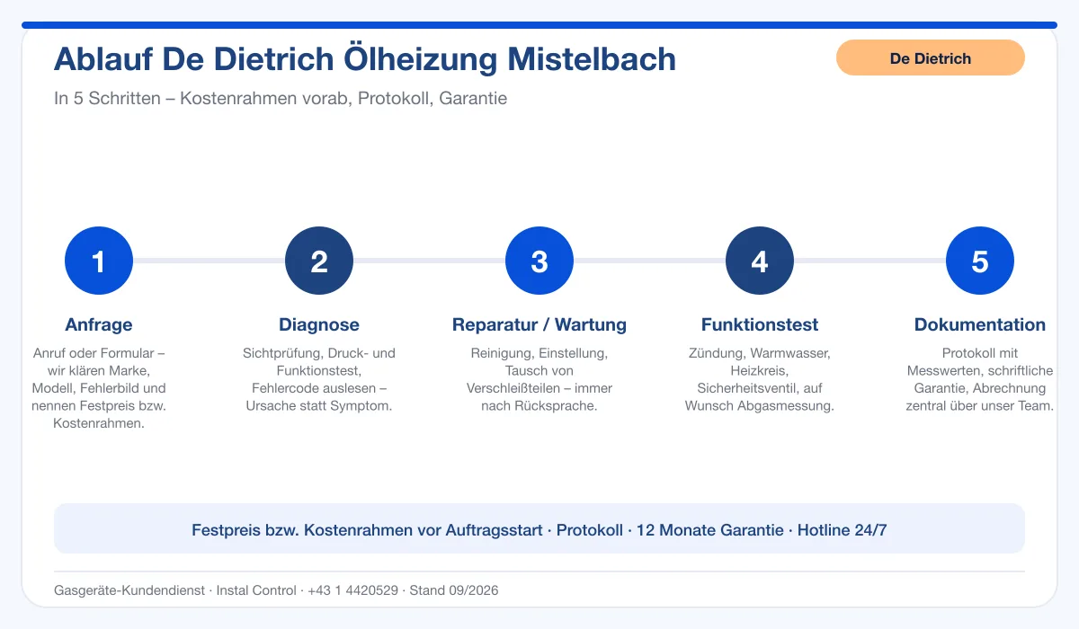 Infografik Ablauf De Dietrich Ölheizung Mistelbach: Anfrage, Diagnose, Service, Funktionstest, Protokoll