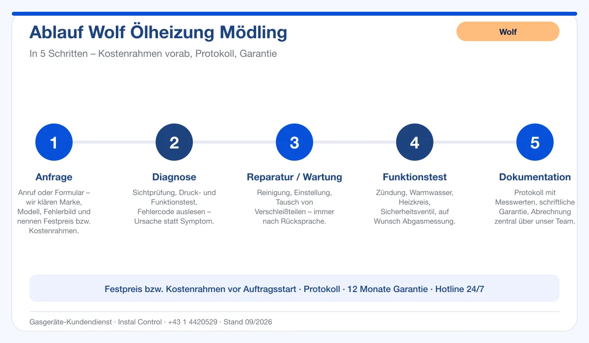 Infografik Ablauf Wolf Ölheizung Mödling: Anfrage, Diagnose, Service, Funktionstest, Protokoll