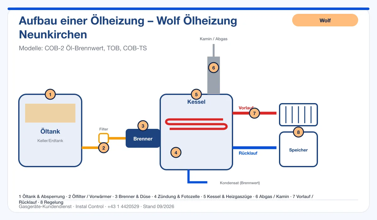 Infografik Wolf Ölheizung Neunkirchen: Aufbau einer Ölheizung von Tank bis Kamin mit 8 Prüfpunkten