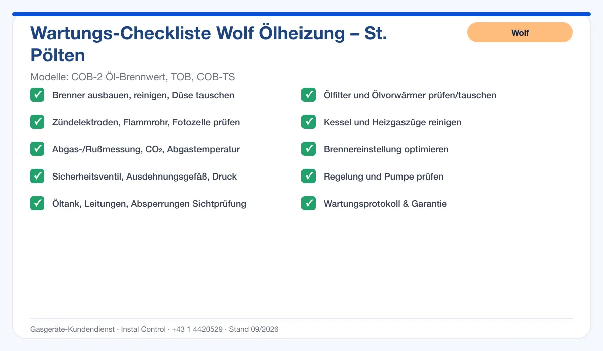 Infografik Wolf Ölheizung St. Pölten: Wartungs-Checkliste