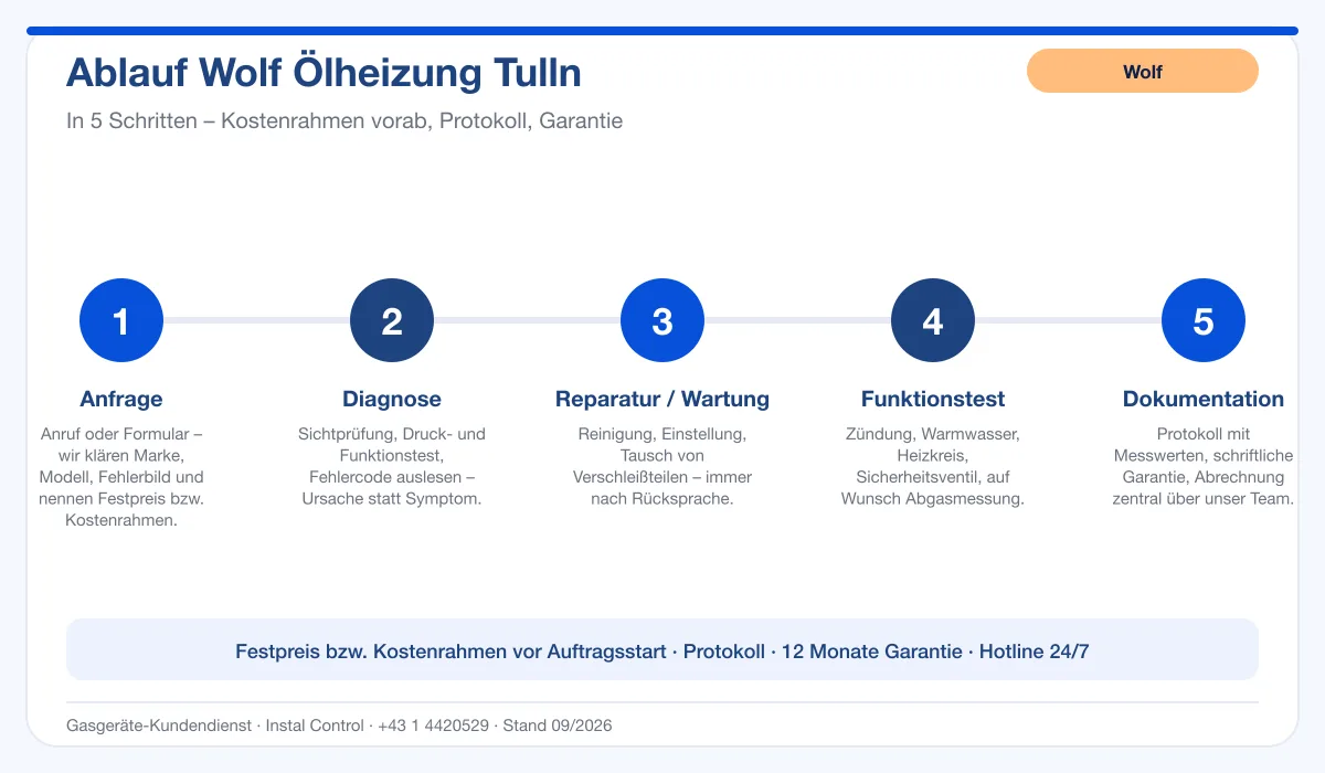 Infografik Ablauf Wolf Ölheizung Tulln: Anfrage, Diagnose, Service, Funktionstest, Protokoll